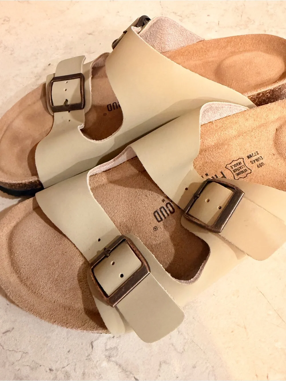 Womens Double-Buckle Sandals in Light Beige